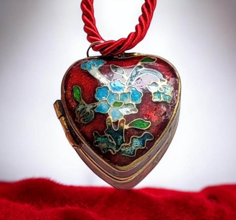 Heart Locket Cloisonne Enamel Pendant Long Necklace